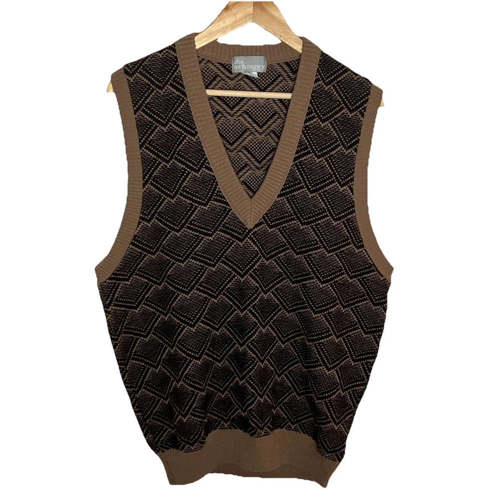 Vintage North Country Sweater Vest Men L Brown Geometric Grandpa Preppy Academia